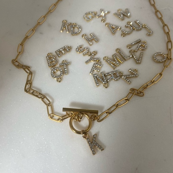 Alphabet Rhinestone Letters Toggle Gold Necklace - Picture 2 of 4